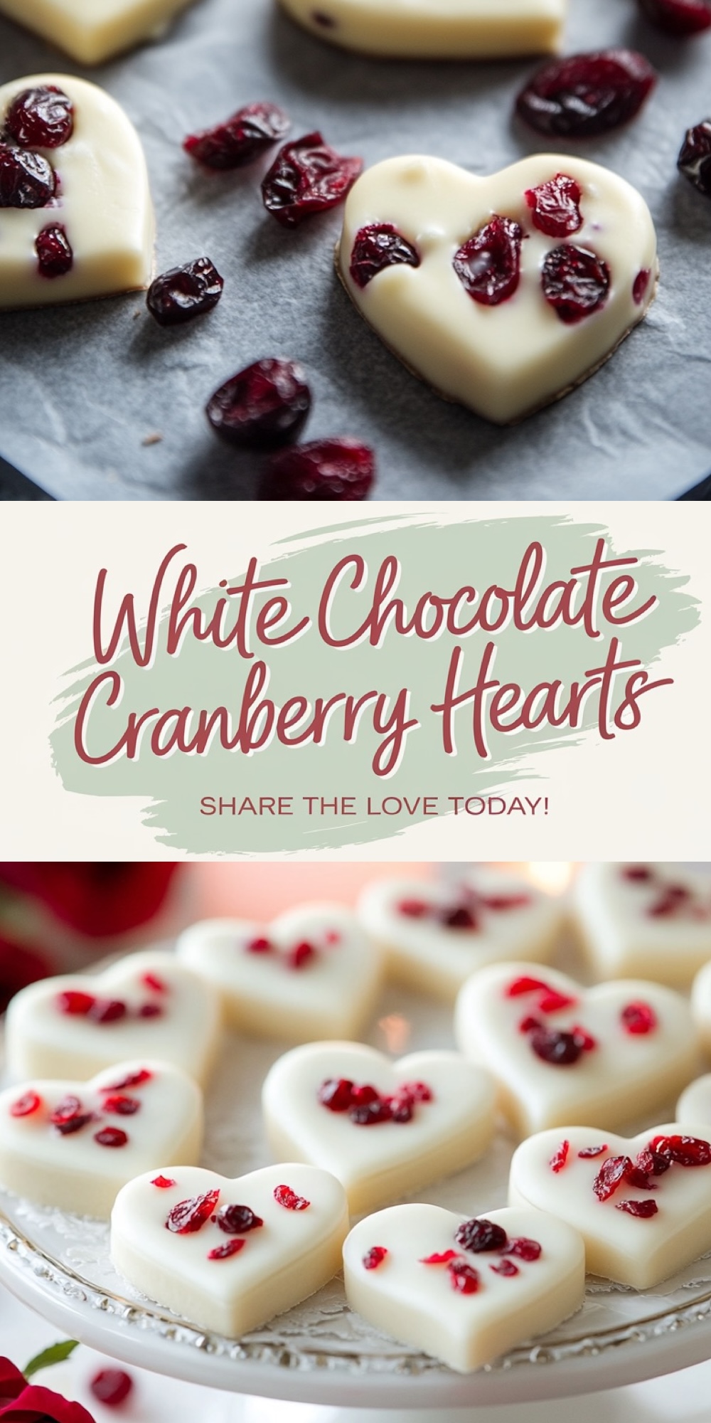 The top section shows heart-shaped white chocolate candies topped with dried cranberries on a parchment-lined tray, with scattered cranberries for detail. The bottom section features a decorative text overlay that says "White Chocolate Cranberry Hearts - Share the Love Today!" on a pastel green brushstroke background.