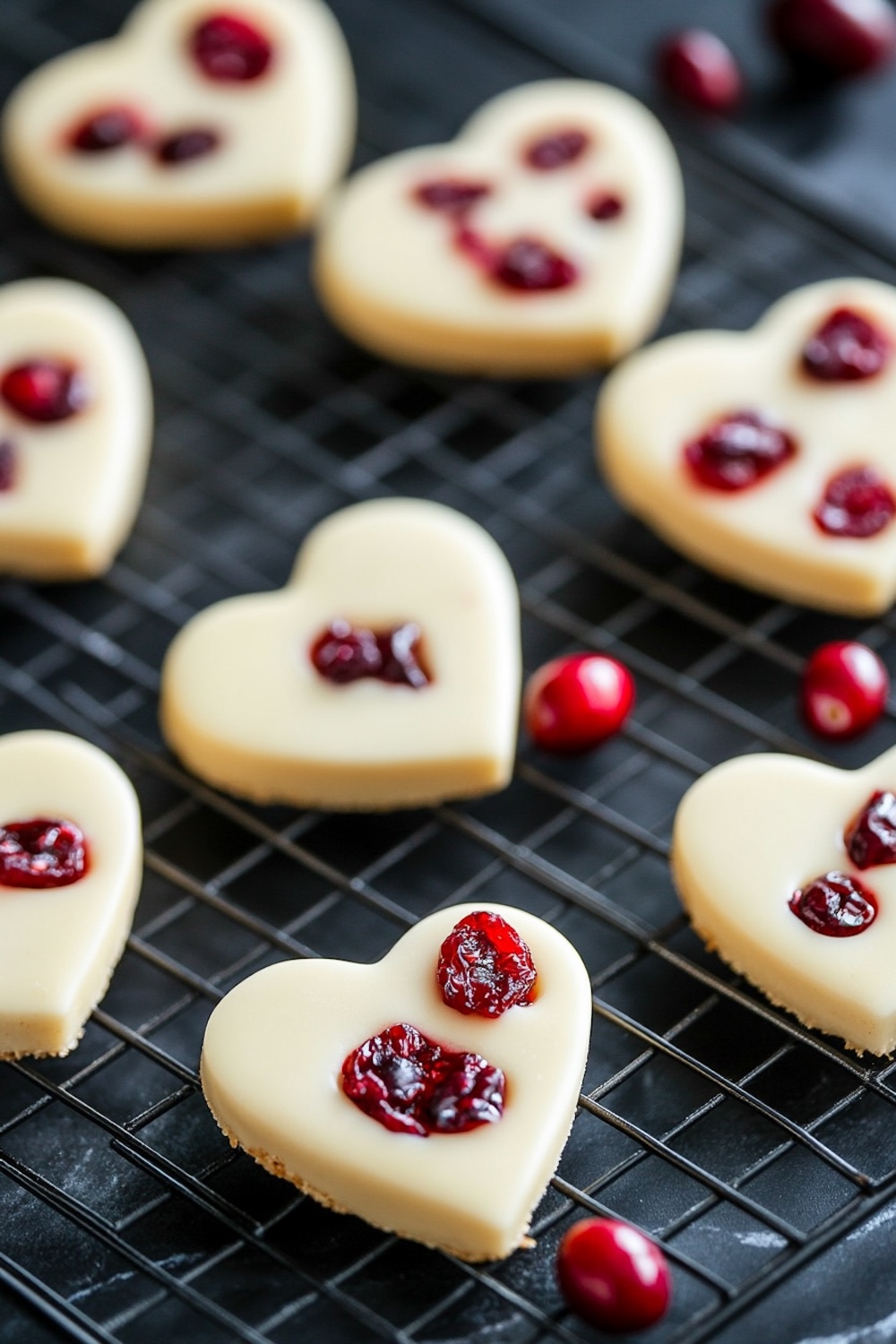 A close-up view of multiple white chocolate cranberry hearts cooling on a wire rack, with vibrant red cranberries scattered around for contrast.