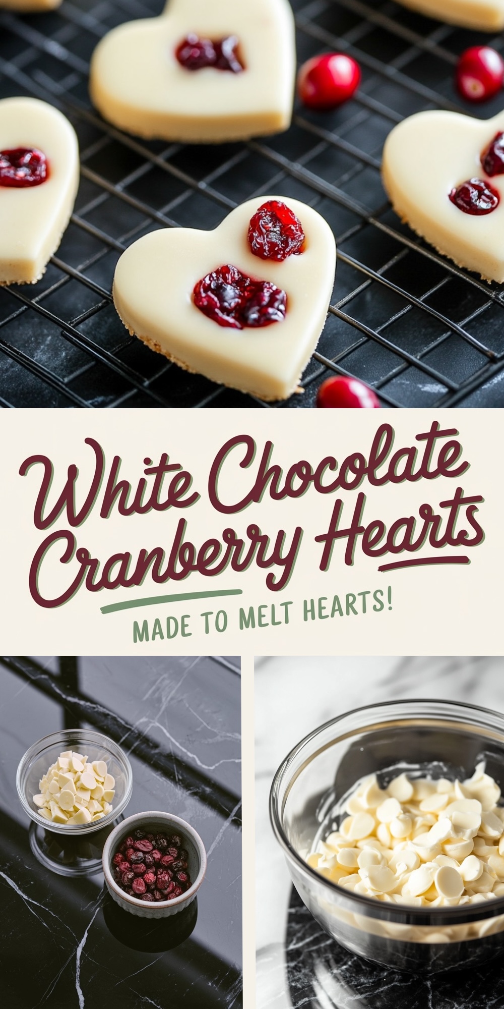 A three-part collage. The top section showcases heart-shaped white chocolate cranberry candies on a cooling rack with scattered cranberries. The middle section features a decorative text overlay that says "White Chocolate Cranberry Hearts - Made to Melt Hearts!" The bottom section displays bowls of ingredients: white chocolate chips and dried cranberries, placed on a black marble countertop.