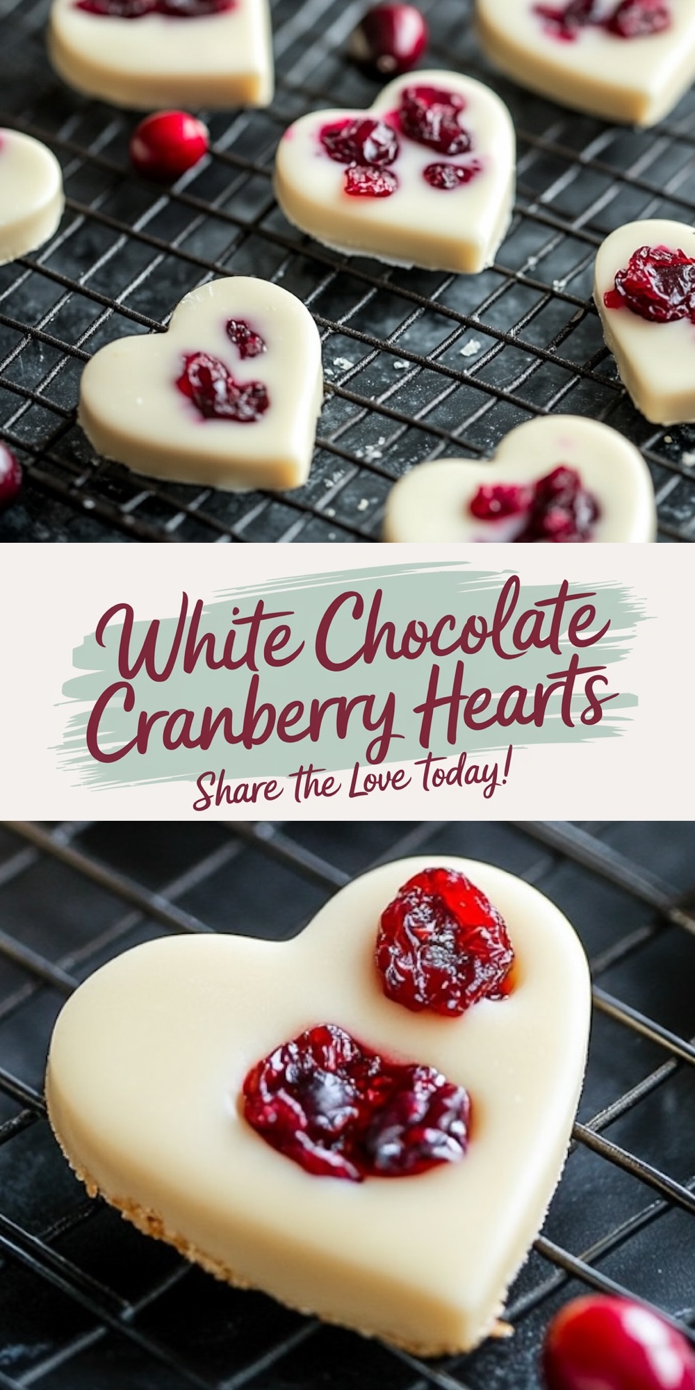 A two-part collage. The top section highlights heart-shaped white chocolate candies with dried cranberries on a wire cooling rack, accented by scattered fresh cranberries. The bottom section contains a similar decorative text overlay with "White Chocolate Cranberry Hearts - Share the Love Today!" in stylized fonts.