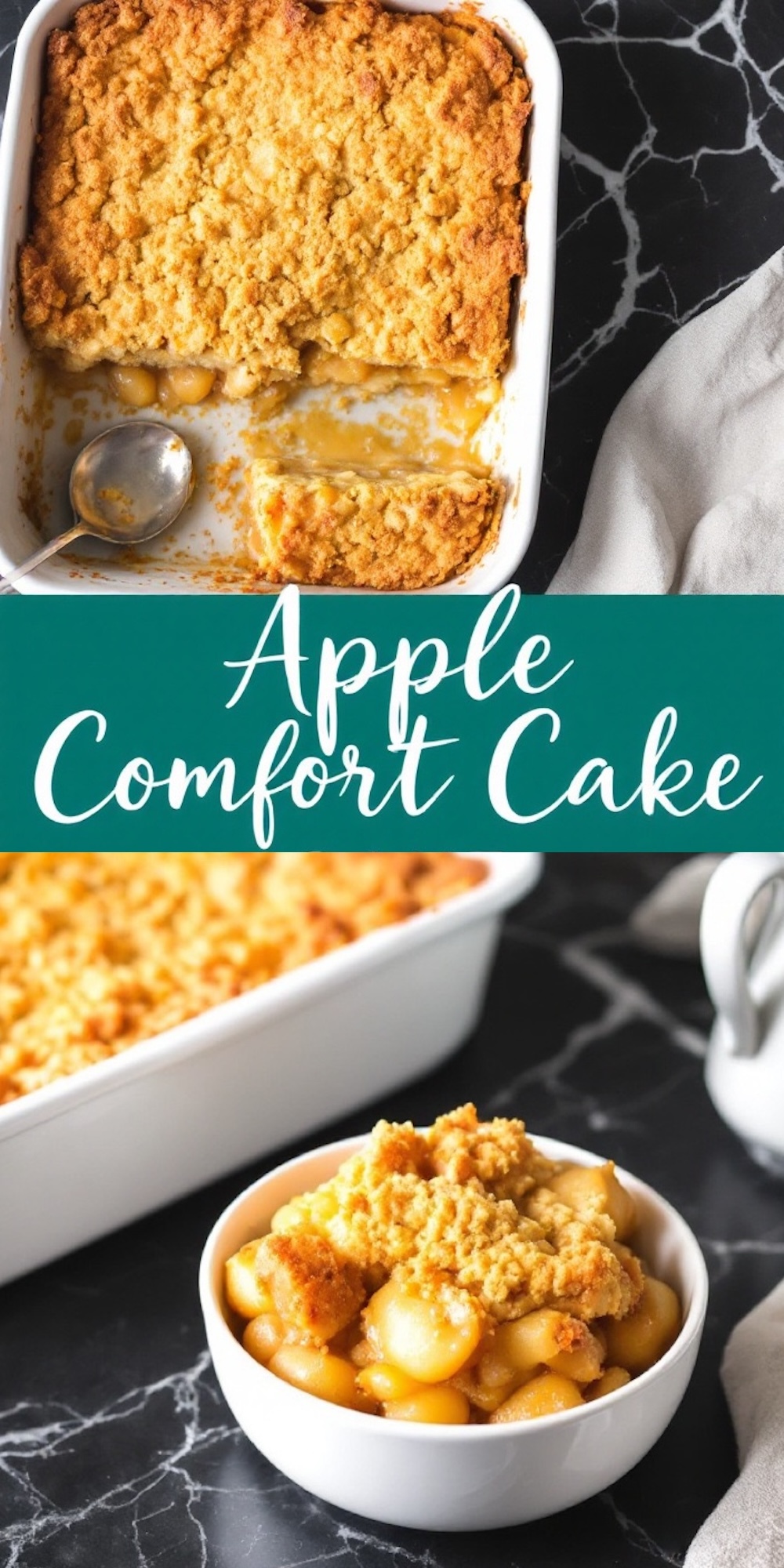 A two-part collage showcasing an apple comfort cake. The top section features a close-up of a rectangular baking dish with a golden, crumbly topping, partially scooped to reveal warm, caramelized apples beneath. A spoon rests in the dish on a black marble background. The bottom section displays a serving of the apple cake in a white bowl, highlighting the tender apple filling and crumbly topping.