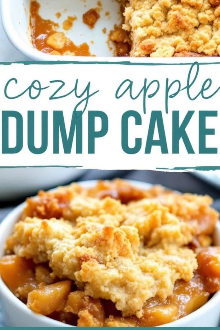 A two-part collage displaying a cozy apple dump cake. The top section shows a partially scooped baking dish with a golden brown crumble topping, revealing the caramelized apple filling. The bottom section focuses on a serving in a white bowl, emphasizing the buttery crumble and tender apple filling.