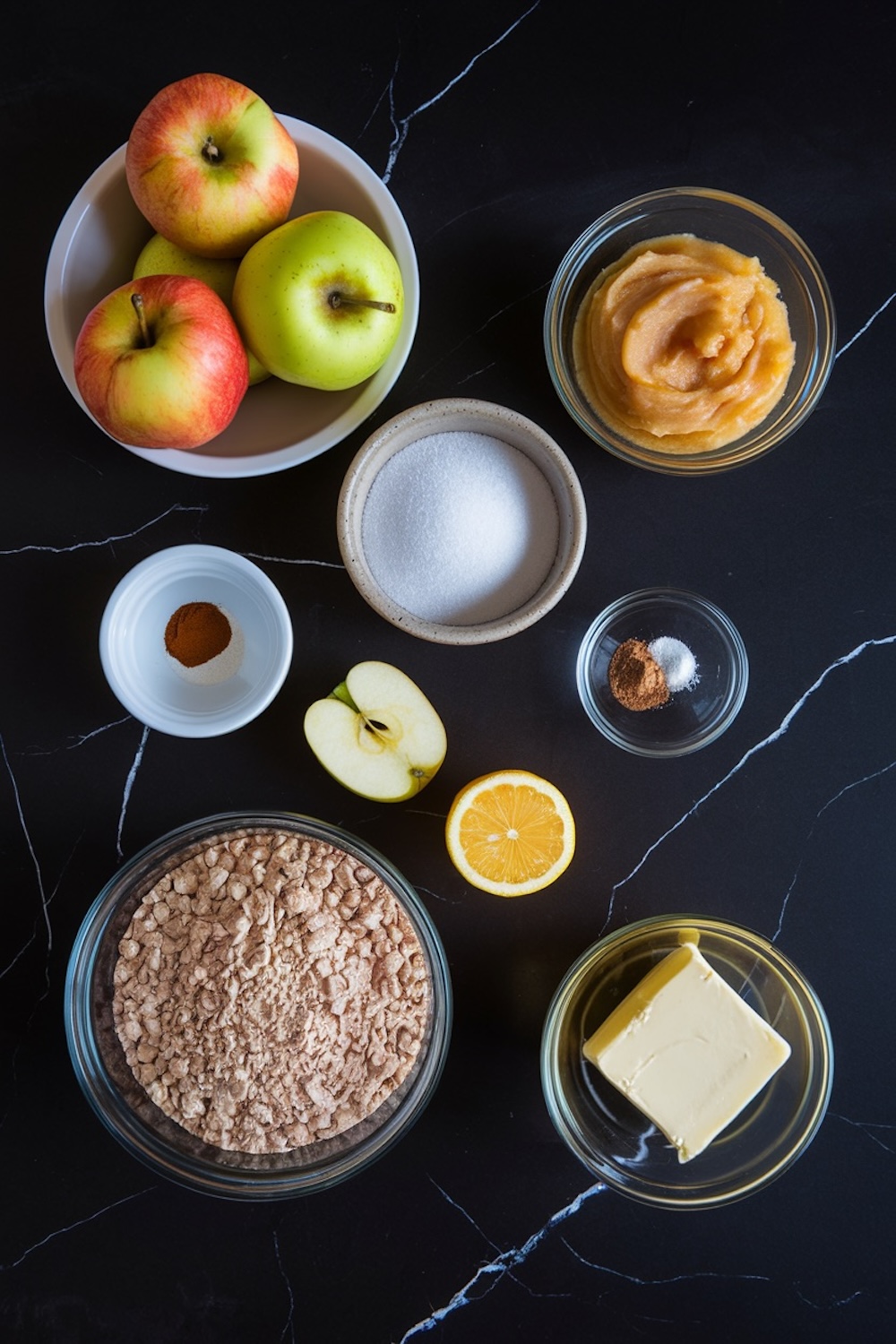 An arrangement of apple dump cake ingredients on a dark marble countertop. Whole and sliced apples, sugar, cinnamon, apple puree, lemon, butter, and a bowl of cake mix are neatly placed in glass and ceramic bowls, ready for baking.