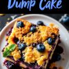 A single image showing a slice of lemon blueberry dump cake on a white plate, topped with golden crumb layers, fresh blueberries, and a sprig of mint. Juicy blueberry filling oozes onto the plate, with crumbs scattered around. The top of the image features bold text reading “Lemon Blueberry Dump Cake” in a colorful font.
