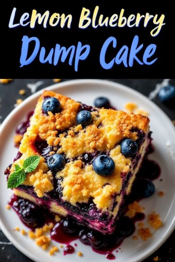 A single image showing a slice of lemon blueberry dump cake on a white plate, topped with golden crumb layers, fresh blueberries, and a sprig of mint. Juicy blueberry filling oozes onto the plate, with crumbs scattered around. The top of the image features bold text reading “Lemon Blueberry Dump Cake” in a colorful font.