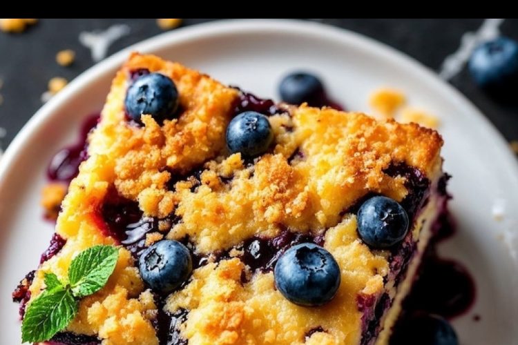 A single image showing a slice of lemon blueberry dump cake on a white plate, topped with golden crumb layers, fresh blueberries, and a sprig of mint. Juicy blueberry filling oozes onto the plate, with crumbs scattered around. The top of the image features bold text reading “Lemon Blueberry Dump Cake” in a colorful font.