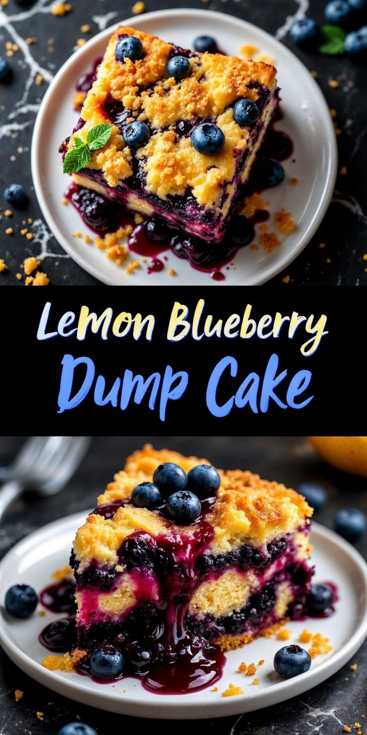 A collage featuring a slice of lemon blueberry dump cake on a white plate. The top view highlights golden crumb topping with fresh blueberries, while the bottom view emphasizes the layers of moist cake and juicy blueberry filling oozing onto the plate. Text overlay reads “Lemon Blueberry Dump Cake.”