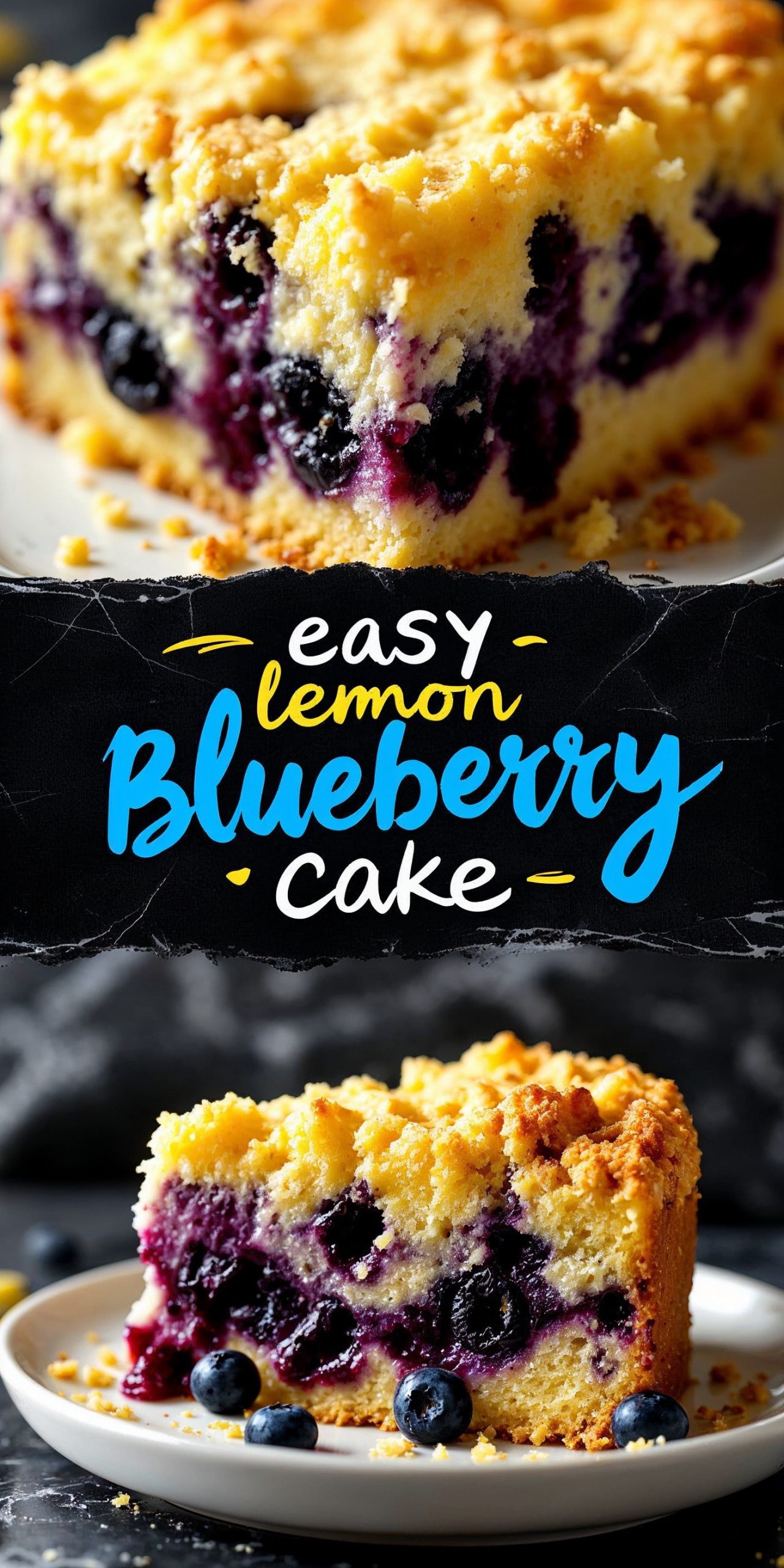 A collage illustrating a layered lemon blueberry cake with the cake mix split into layers. The top view highlights the moist yellow cake with vibrant blueberries, while the bottom view shows a slice on a white plate, featuring golden crumb topping and a rich blueberry filling. Text overlay reads “Easy Lemon Blueberry Cake.”
