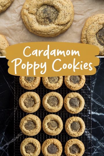 A batch of freshly baked cardamom poppy seed cookies cooling on a black wire rack, arranged neatly on a black marble surface. The cookies have a golden-brown color with a sprinkle of poppy seeds in the center.