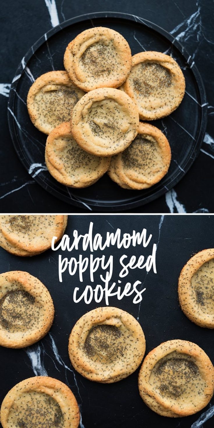 A collage of cardamom poppy seed cookies. The top image shows cookies arranged on a black plate, while the bottom image displays a close-up of cookies laid out on a black marble surface. Text overlay reads “Cardamom Poppy Seed Cookies.”
