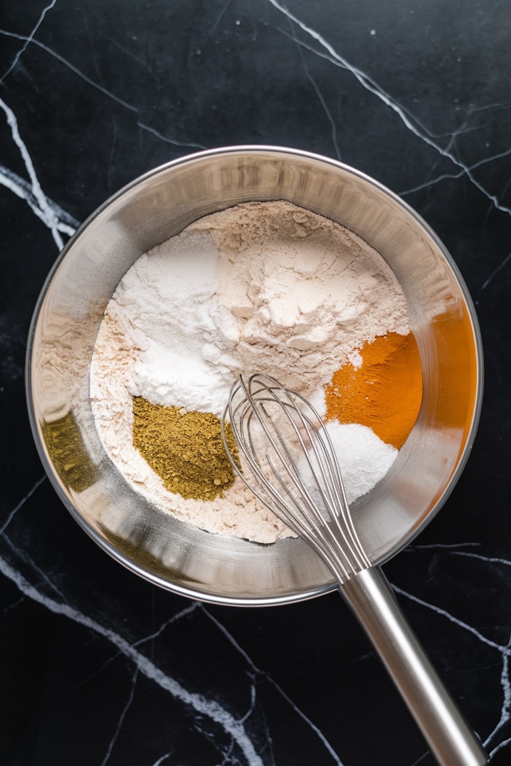 A metal mixing bowl with a whisk and dry ingredients, including flour, sugar, and ground cardamom, arranged on a black marble surface.