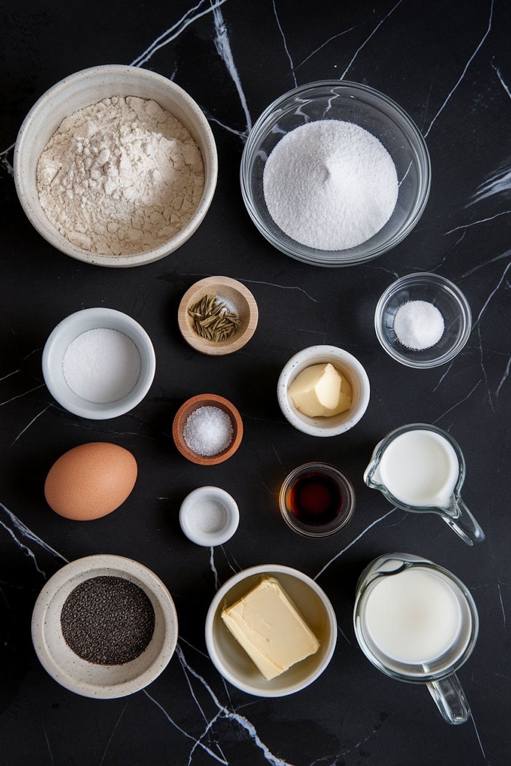  Ingredients for cardamom poppy seed cookies displayed on a black marble surface. Bowls include flour, sugar, butter, egg, milk, vanilla extract, poppy seeds, and cardamom pods.