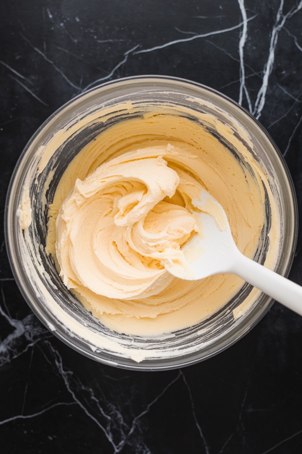 A mixing bowl with creamy, whipped butter mixture, ready for making cookie dough. A white spatula is resting inside the bowl.