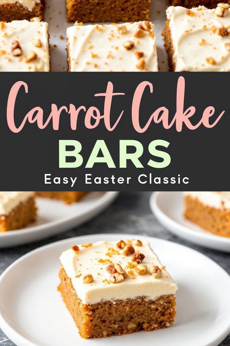 A collage of two images featuring carrot cake bars. The top image has bold text reading