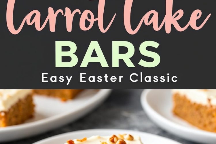 A collage of two images featuring carrot cake bars. The top image has bold text reading "Carrot Cake Bars" with the tagline "Easy Easter Classic." The bottom image presents a plated carrot cake bar with a golden-brown crumb, thick layer of frosting, and crushed walnuts, with additional bars in the background.