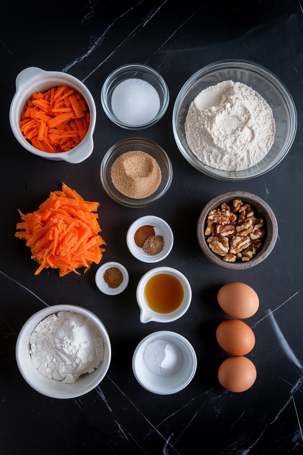 A flat-lay of carrot cake ingredients arranged neatly on a black marble surface. The ingredients include shredded carrots, flour, sugar, brown sugar, eggs, walnuts, vanilla extract, and spices like cinnamon and nutmeg, all in separate bowls and dishes.