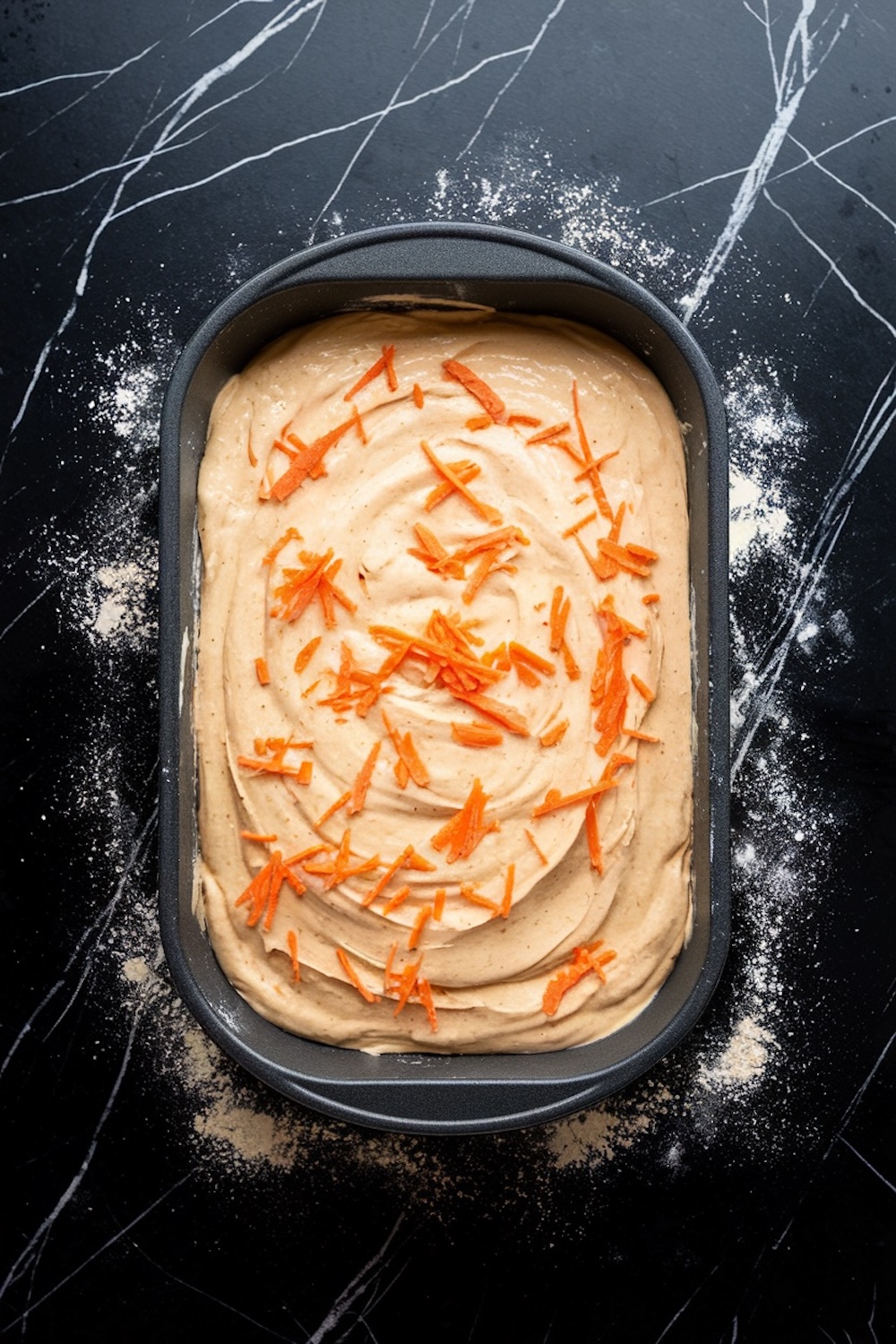 A top-down view of a baking pan filled with carrot cake batter, swirled smoothly and garnished with freshly grated carrots. The dark marble countertop is dusted with flour, creating a rustic, homemade baking scene.