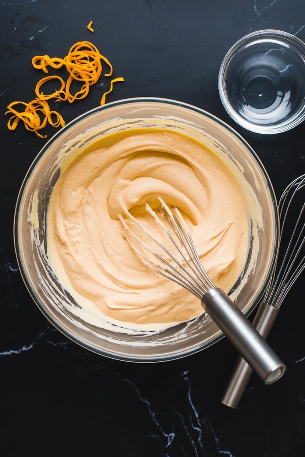 A large glass bowl filled with smooth creamsicle cheesecake filling, with a whisk resting inside. Orange zest and a small bowl of liquid are placed nearby on a black marble countertop, emphasizing the vibrant citrus flavor.