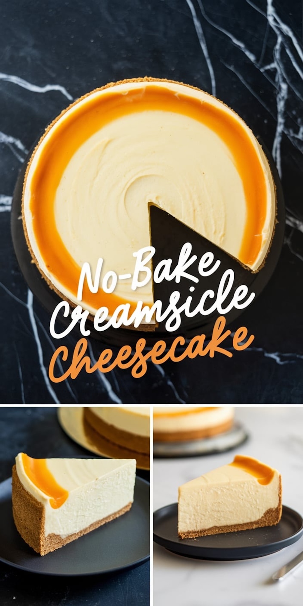 A collage showcasing the no-bake creamsicle cheesecake. The top section shows the whole cheesecake with orange topping and text overlay. The bottom section displays close-up views of individual slices on black plates, emphasizing the creamy texture and graham cracker crust.