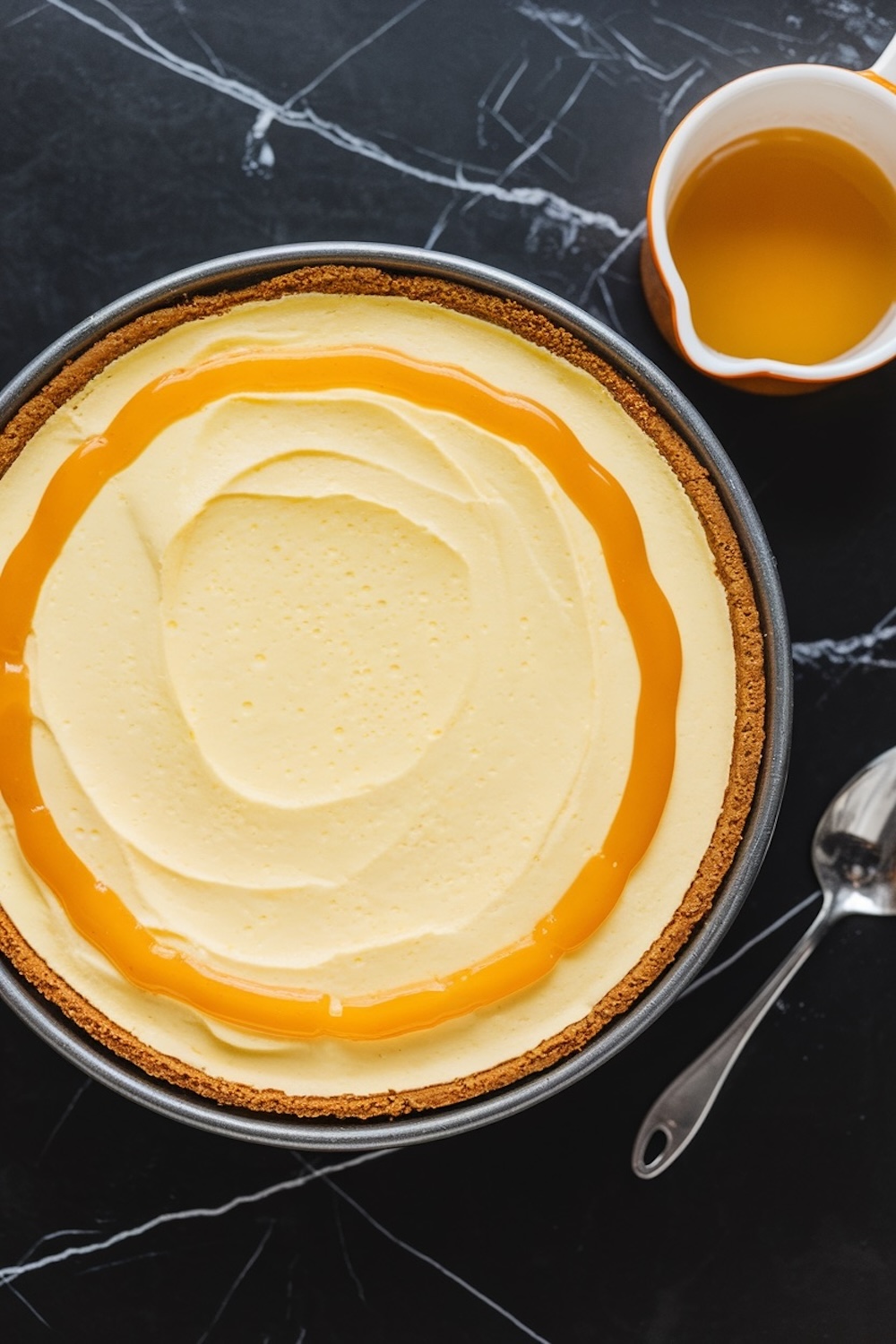 A large glass bowl filled with smooth creamsicle cheesecake filling, with a whisk resting inside. Orange zest and a small bowl of liquid are placed nearby on a black marble countertop, emphasizing the vibrant citrus flavor.