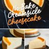 A collage showcasing a no-bake creamsicle cheesecake. The top section highlights the full cheesecake with a slice removed, revealing its creamy texture and orange swirl topping. The bottom section shows two close-ups of individual slices on black plates, emphasizing the graham cracker crust and creamy filling.
