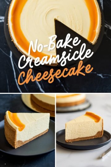 A collage showcasing a no-bake creamsicle cheesecake. The top section highlights the full cheesecake with a slice removed, revealing its creamy texture and orange swirl topping. The bottom section shows two close-ups of individual slices on black plates, emphasizing the graham cracker crust and creamy filling.