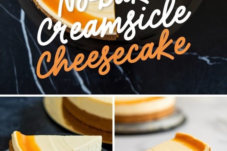 A collage showcasing a no-bake creamsicle cheesecake. The top section highlights the full cheesecake with a slice removed, revealing its creamy texture and orange swirl topping. The bottom section shows two close-ups of individual slices on black plates, emphasizing the graham cracker crust and creamy filling.