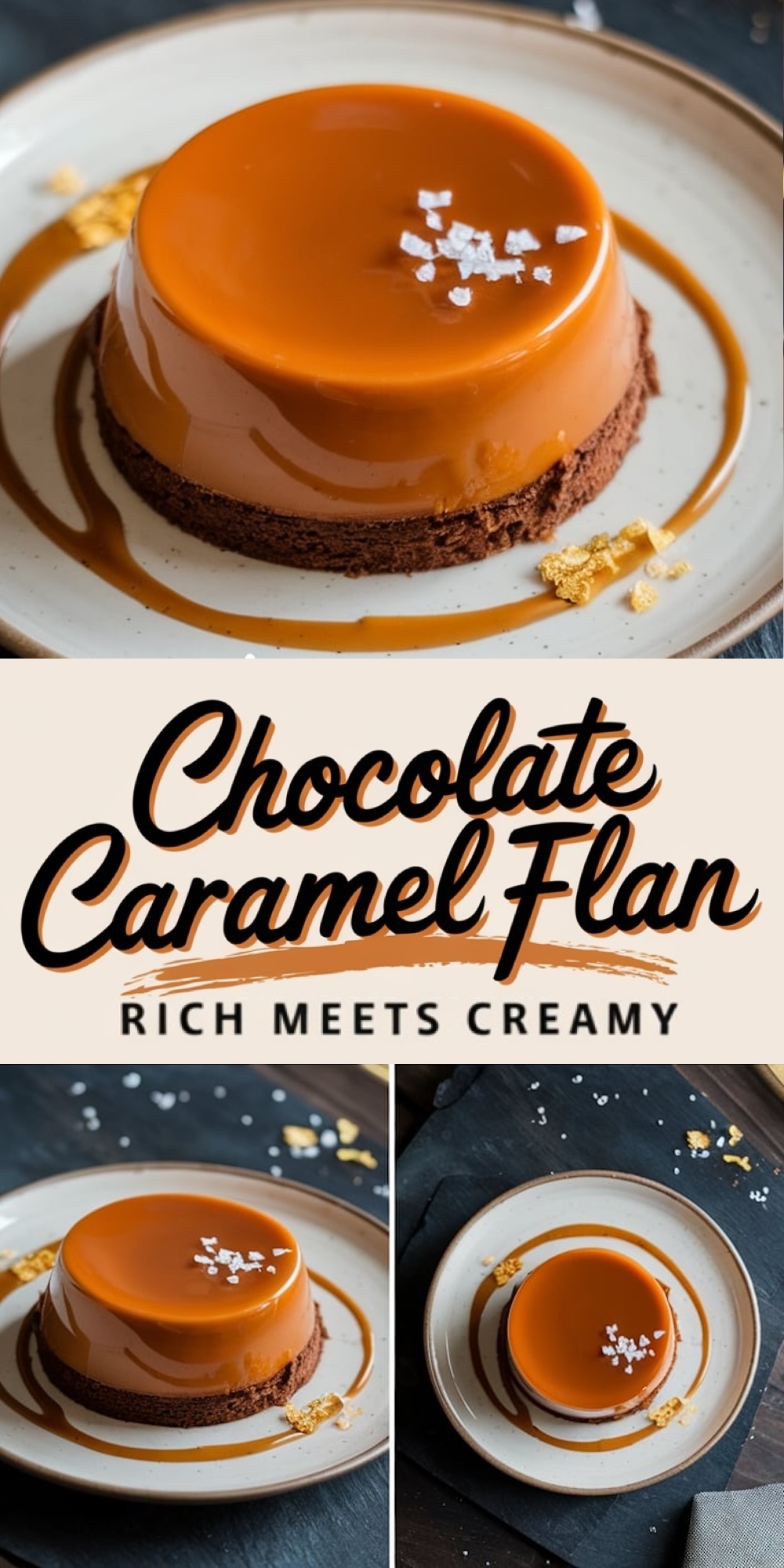A plated chocolate caramel flan garnished with sea salt and caramel drizzle is shown in three views, showcasing its smooth texture and decadent layers. The text reads “Chocolate Caramel Flan - Rich Meets Creamy.”