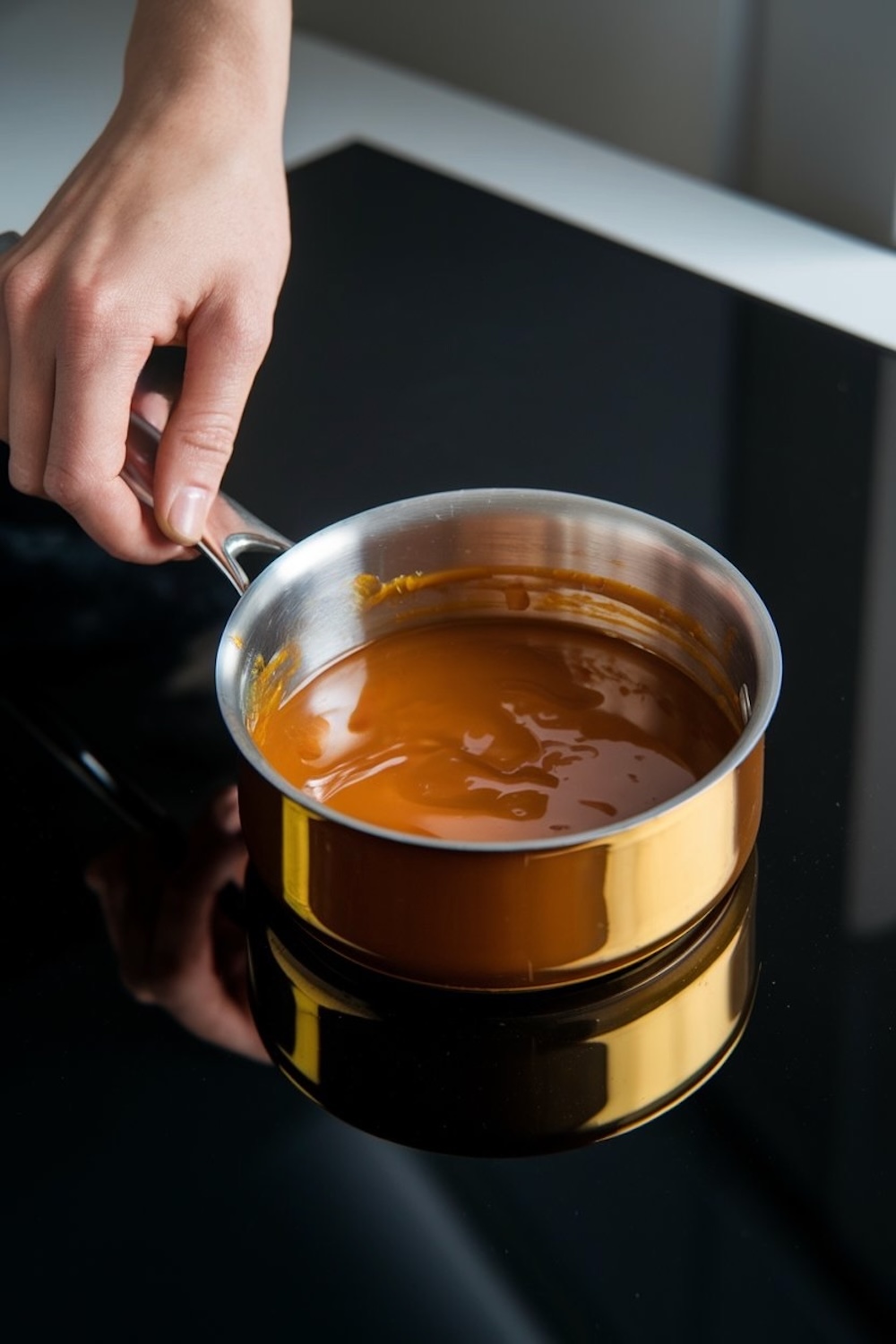 A hand holding a saucepan filled with silky caramel sauce, reflecting light on a glossy stovetop.