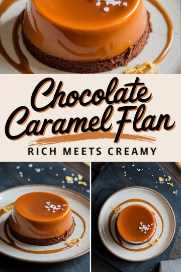 Chocolate caramel flan on a plate, topped with flaky sea salt and surrounded by a caramel drizzle. Below, two additional views show the creamy layers and rich caramel topping. The text reads “Chocolate Caramel Flan - Rich Meets Creamy.”