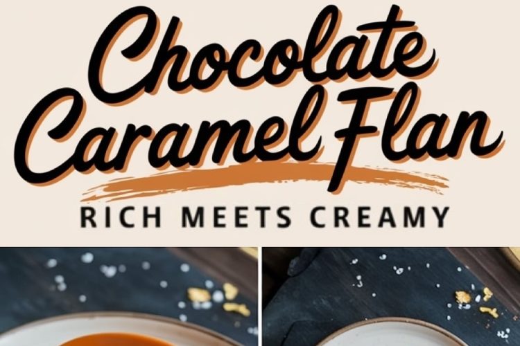 Chocolate caramel flan on a plate, topped with flaky sea salt and surrounded by a caramel drizzle. Below, two additional views show the creamy layers and rich caramel topping. The text reads “Chocolate Caramel Flan - Rich Meets Creamy.”