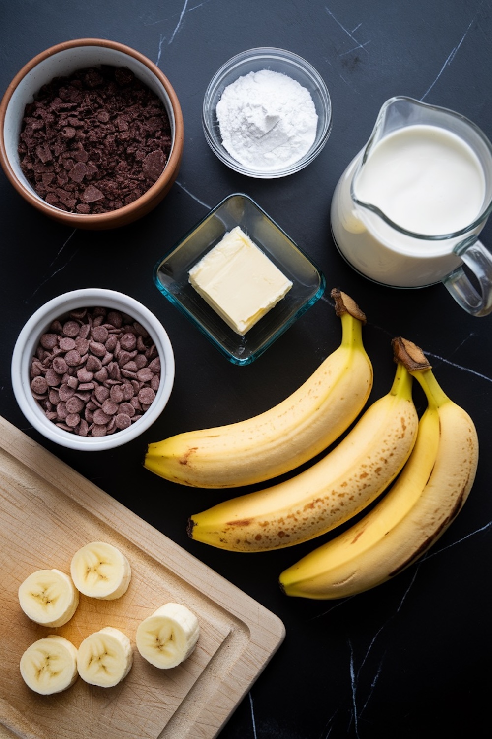 A flat-lay of ingredients for making chocolate banana mousse cake, featuring ripe bananas, chocolate chips, cocoa powder, powdered sugar, a block of butter, and a pitcher of milk. The ingredients are neatly arranged on a dark marble countertop with a wooden cutting board displaying freshly sliced banana rounds.