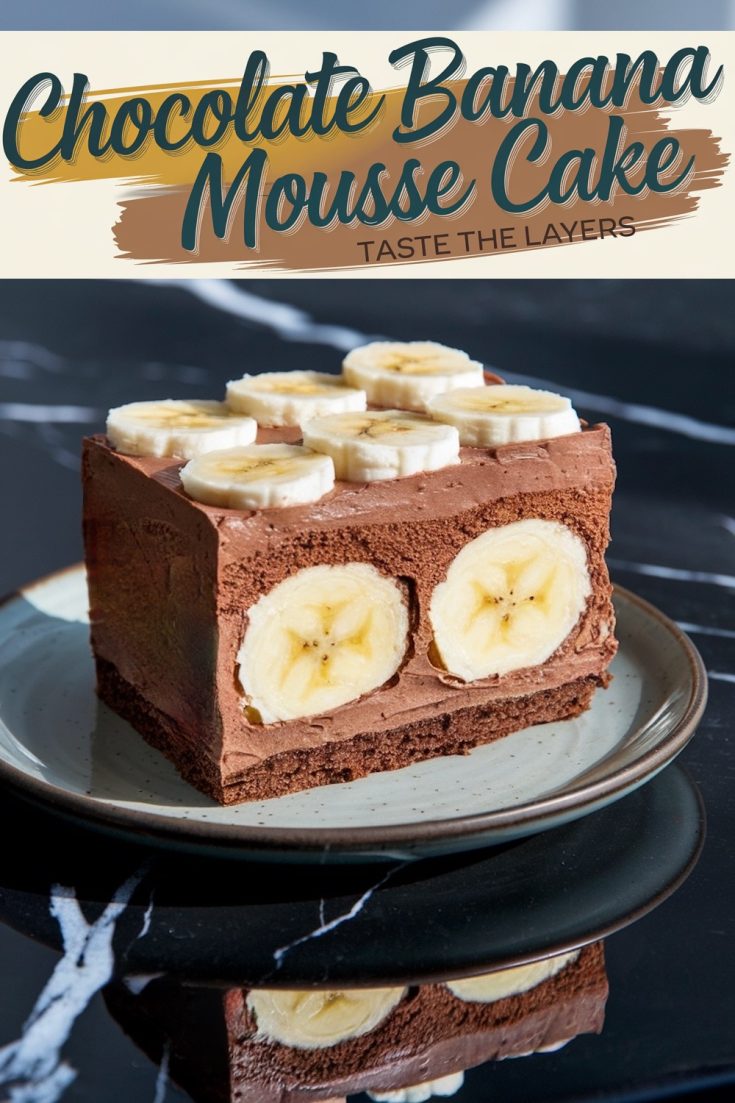 A plated slice of chocolate banana mousse cake showcasing its distinct layers: a chocolate sponge base, creamy chocolate mousse enveloping whole bananas, and a topping of banana slices. The slice is presented on a light plate with a speckled glaze.