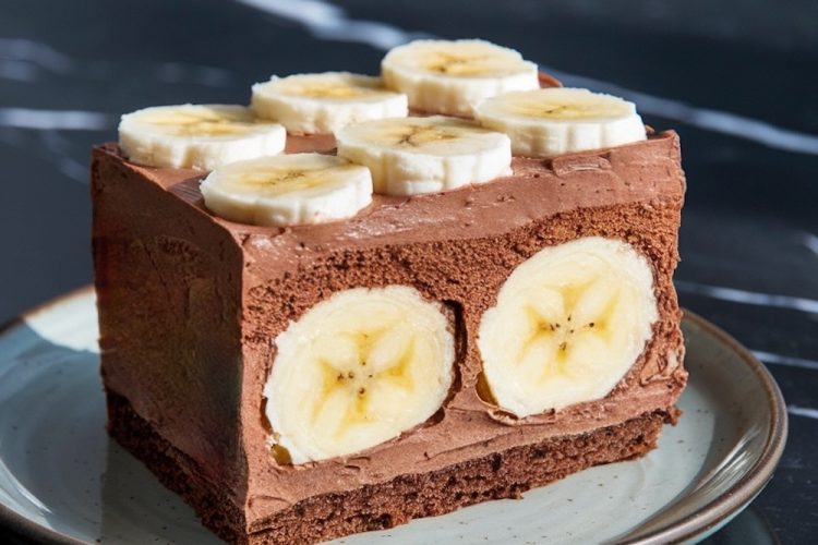 plated slice of chocolate banana mousse cake showcasing its distinct layers: a chocolate sponge base, creamy chocolate mousse enveloping whole bananas, and a topping of banana slices. The slice is presented on a light plate with a speckled glaze.