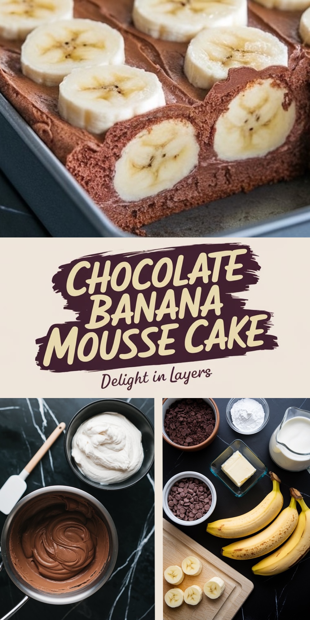 A collage showing the step-by-step preparation of chocolate banana mousse cake. The top section features the assembled cake with banana slices on top, and the bottom displays the whipped cream and chocolate mousse preparation alongside the raw ingredients like bananas and chocolate chips.