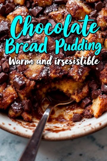 Close-up of a chocolate bread pudding topped with melted chocolate chunks and powdered sugar, with a spoon scooping out a portion to reveal its moist texture. Bright text overlay reads, “Chocolate Bread Pudding - Warm and Irresistible.”
