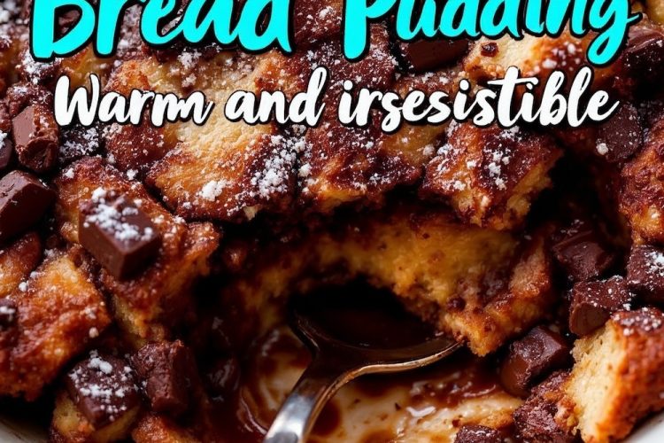 Close-up of a chocolate bread pudding topped with melted chocolate chunks and powdered sugar, with a spoon scooping out a portion to reveal its moist texture. Bright text overlay reads, “Chocolate Bread Pudding - Warm and Irresistible.”