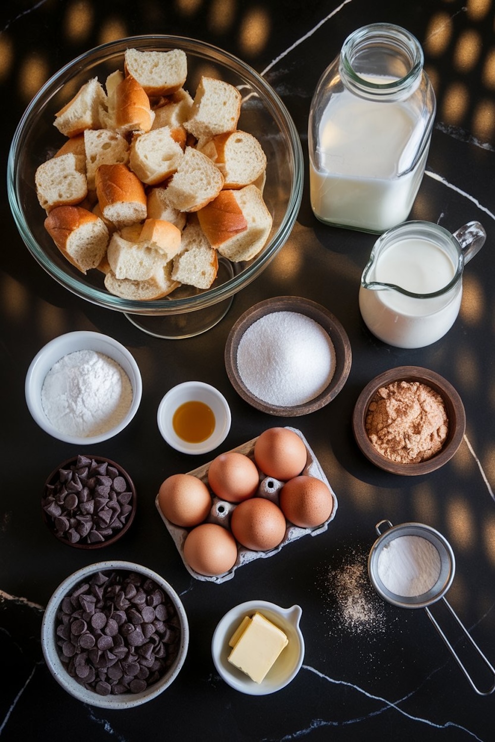 Overhead shot of ingredients for chocolate bread pudding: a bowl of cubed bread, chocolate chips, eggs, sugar, butter, milk, cream, vanilla extract, and flour, all arranged on a dark countertop with soft lighting.