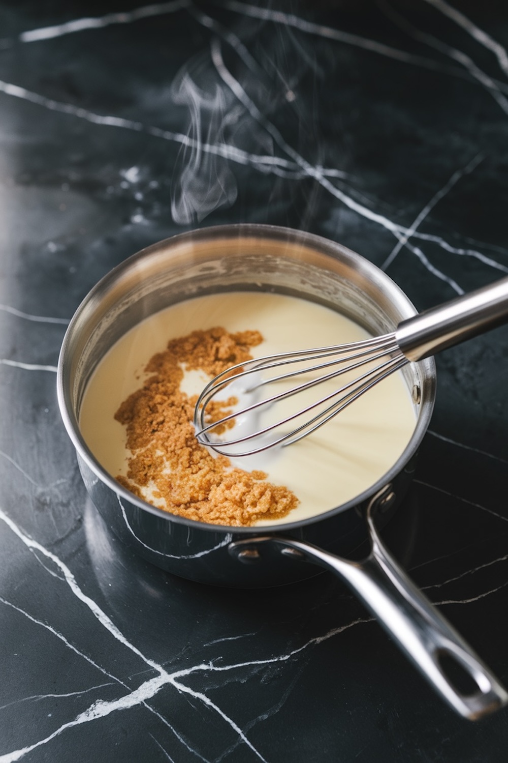 A saucepan on a black marble countertop containing steaming milk with brown sugar, being whisked into a smooth mixture.