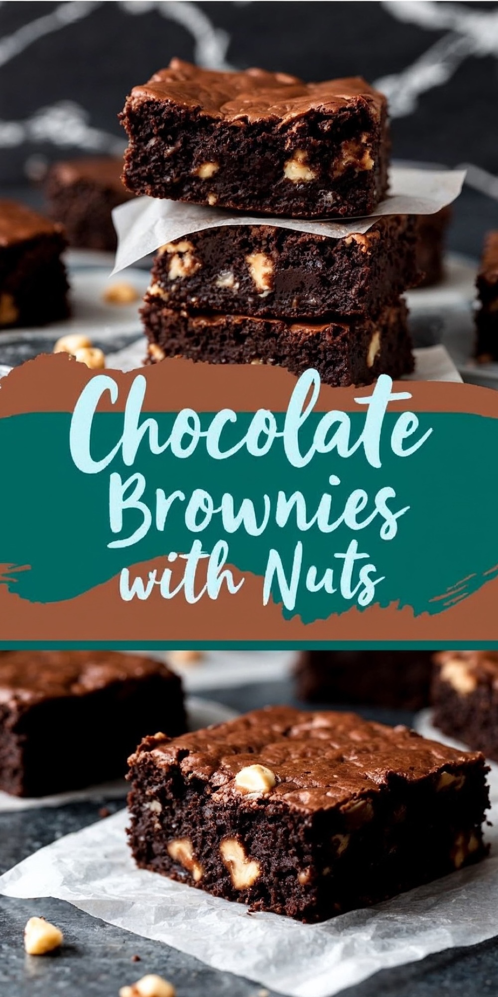 Collage of chocolate brownies with nuts. The top shows stacked brownies with visible chunks of nuts, while the bottom displays individual pieces. Text overlay reads “Chocolate Brownies with Nuts.”