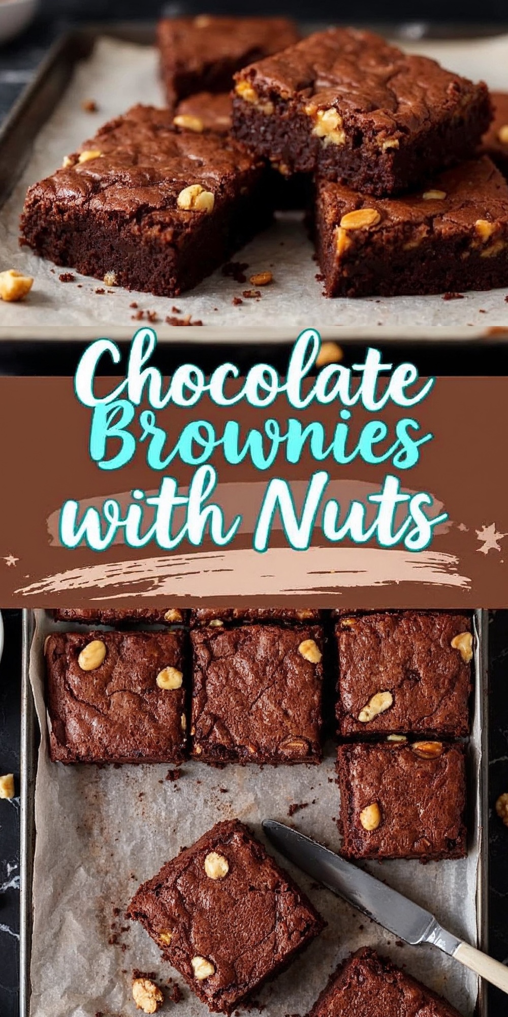 A close-up of stacked chocolate brownies with nuts. The rich texture of the brownies and the crunch of the nuts are visible. Text overlay reads “Chocolate Brownies with Nuts.”