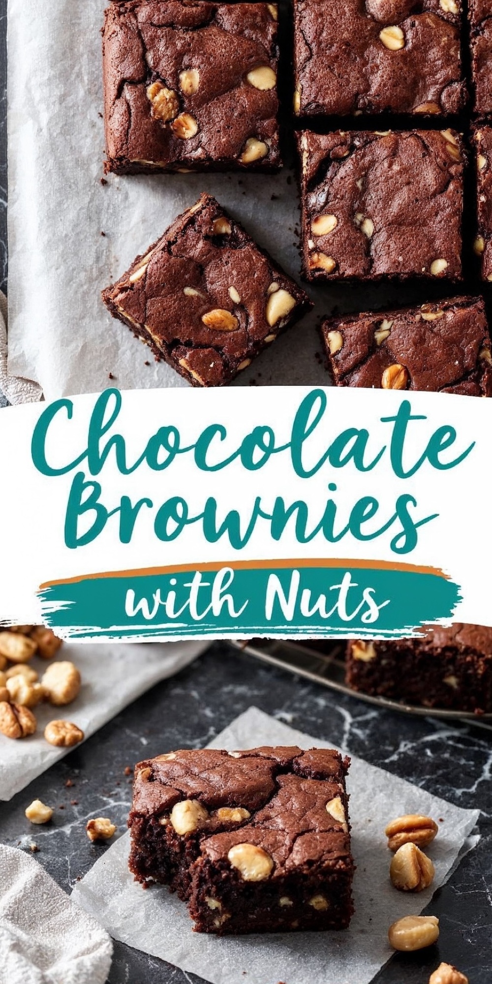 Overhead collage of chocolate brownies on parchment paper. Text overlay reads “Chocolate Brownies with Nuts,” with scattered peanuts and a rustic knife in the background.