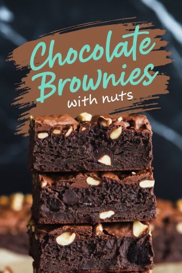 Collage featuring chocolate brownies with text reading “Chocolate Brownies with Nuts.” The image showcases the glossy brownie crust and nut-studded interior in multiple perspectives.