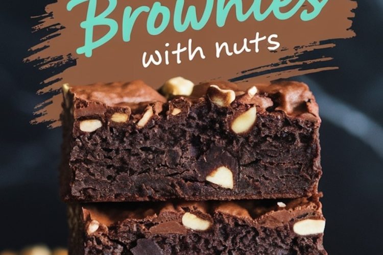 Collage featuring chocolate brownies with text reading “Chocolate Brownies with Nuts.” The image showcases the glossy brownie crust and nut-studded interior in multiple perspectives.