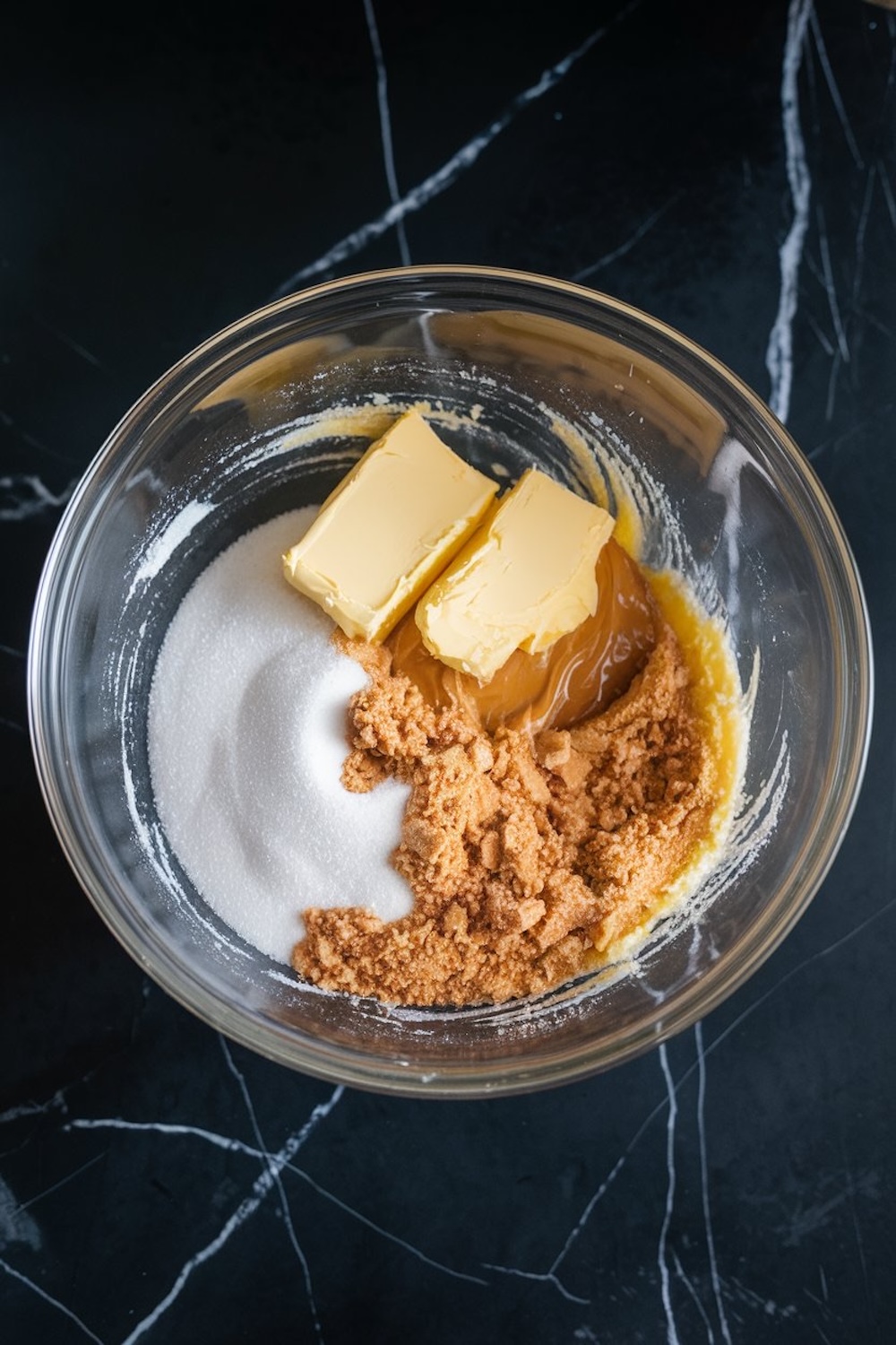 A glass mixing bowl containing butter, white and brown sugar, and caramel being creamed together on a dark marble countertop.
