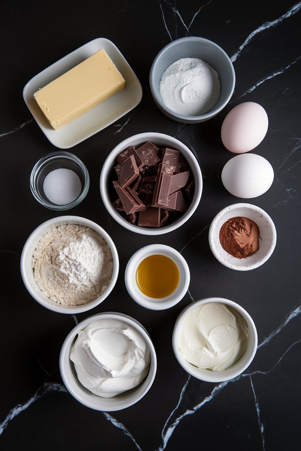 Overhead view of chocolate brownie ingredients, neatly arranged in small bowls and plates, including butter, sugar, eggs, cocoa powder, chocolate chunks, flour, and sour cream, on a black marble surface.