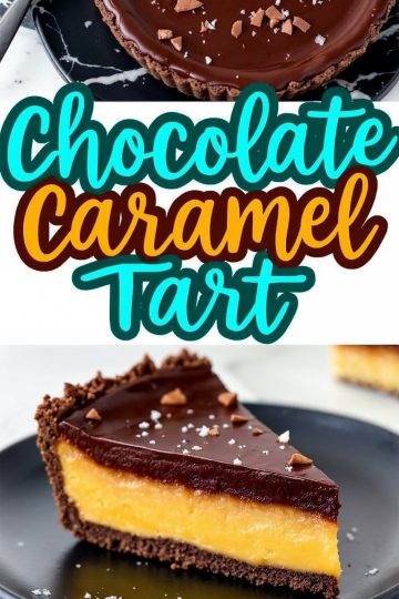 A rich chocolate caramel tart with a glossy chocolate ganache topping, sprinkled with flaky sea salt and chocolate shavings. The tart has a chocolate crust, a smooth caramel filling, and a decadent chocolate layer. A slice is served on a black plate, showcasing the creamy texture. The bold text overlay reads “Chocolate Caramel Tart” in vibrant lettering.