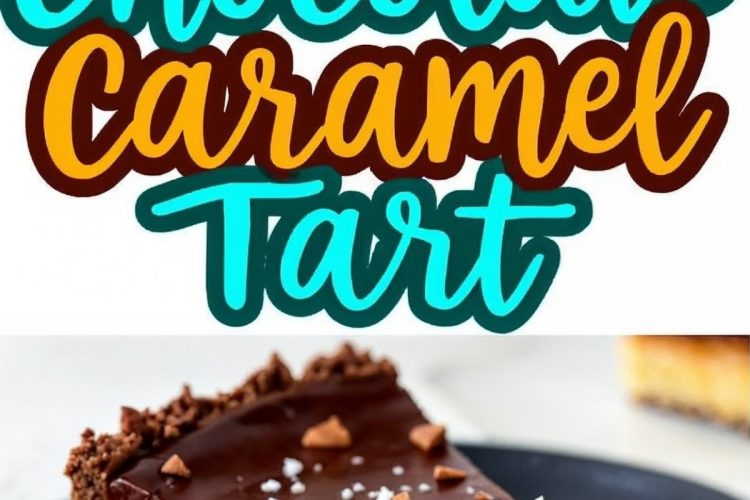 A rich chocolate caramel tart with a glossy chocolate ganache topping, sprinkled with flaky sea salt and chocolate shavings. The tart has a chocolate crust, a smooth caramel filling, and a decadent chocolate layer. A slice is served on a black plate, showcasing the creamy texture. The bold text overlay reads “Chocolate Caramel Tart” in vibrant lettering.