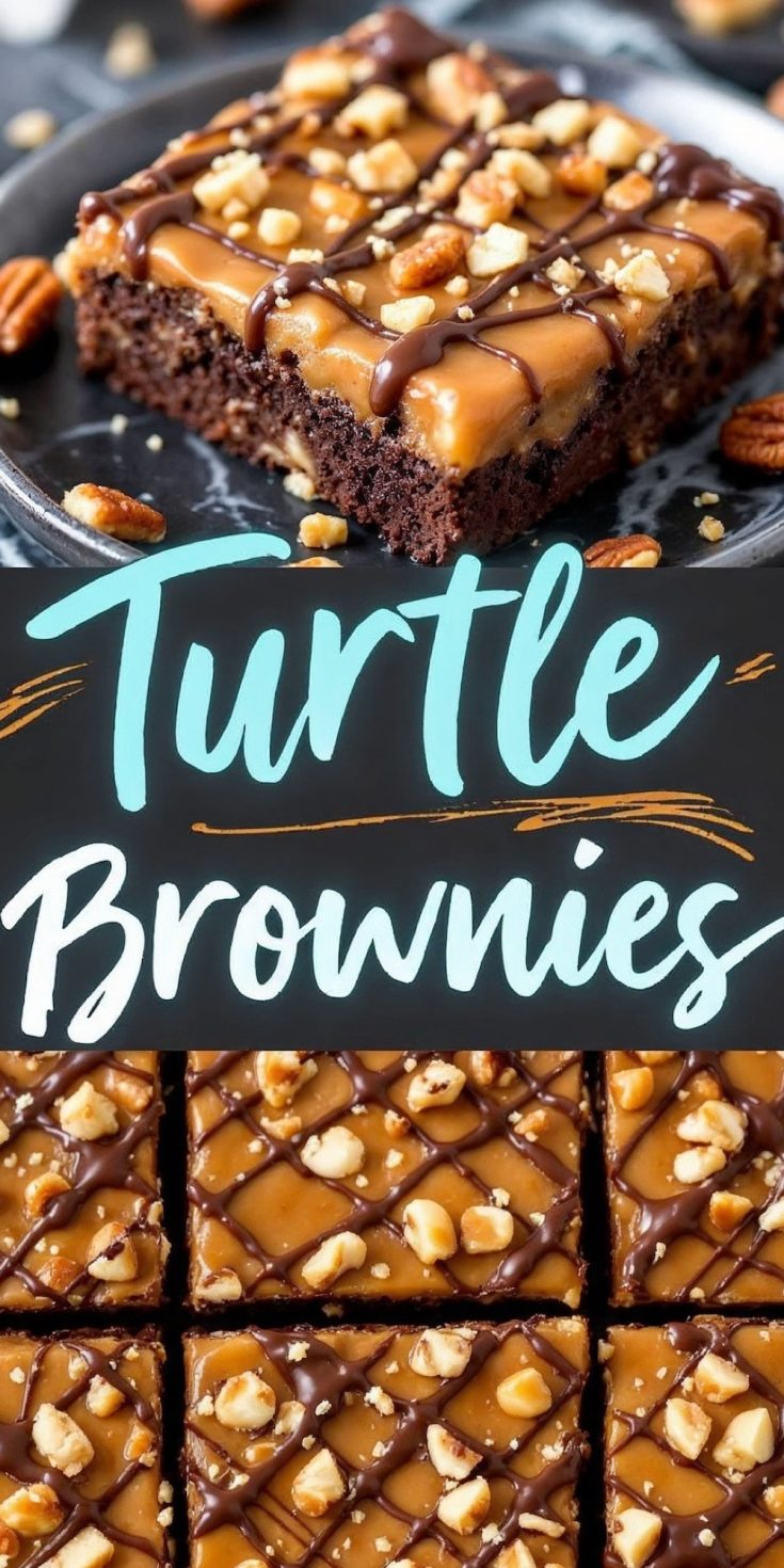 Collage image featuring turtle brownies. The top shows a close-up of a single brownie topped with caramel, chopped nuts, and chocolate drizzle, while the bottom displays a grid of brownies. Text overlay reads “Turtle Brownies.”