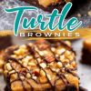 Turtle brownies collage image. The top shows a detailed shot of a caramel and chocolate drizzle-topped brownie, and the bottom features a close-up of a similar brownie styled with chopped nuts. Text reads “Turtle Brownies.”